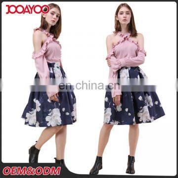 Factory Price Fashion Any Design High Waist Women Skirts Pleated Navy Flower Printed Midi Skirt