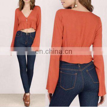 Women long bell sleeve summer crop tops and blouses 2016