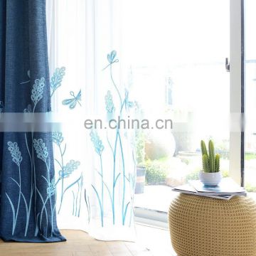 100% polyester blue floral embroidered voile livingroom curtain