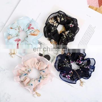 Women Vintage Big Bowknot Scrunchies With Pearl Print Flower Hair Ties Hair Holder Rubber Bands Gum For Hair