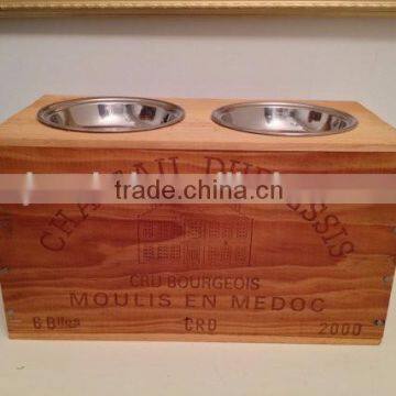 Custom logo vintage stain color solid wooden dog bowl crate,wood double bowl crate