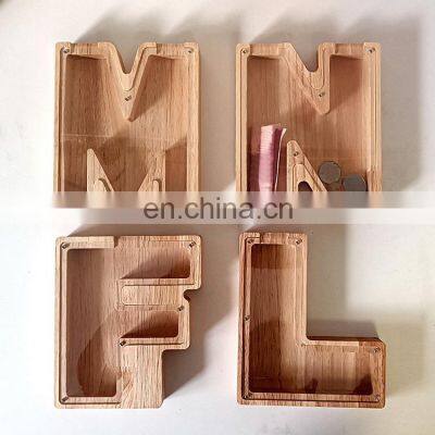 Custom English Letter natural wooden coin bank money box fashion animal dinosaur piggy bank home decoration