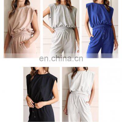 Fashion Cotton Sleeveless Crop Top Matching Jogger Pants Sportswear Yoga Set Loose Casual Gym Fitness Women Running Clothing photo-2