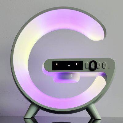 OEM Smart Wireless Bluetooth Small Speakers with G Shaped Wireless Charger LED Lamp Wake up Light Alarm Clock