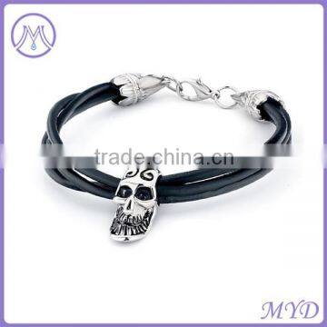 High-end quality black leather bracelet with Skull charms