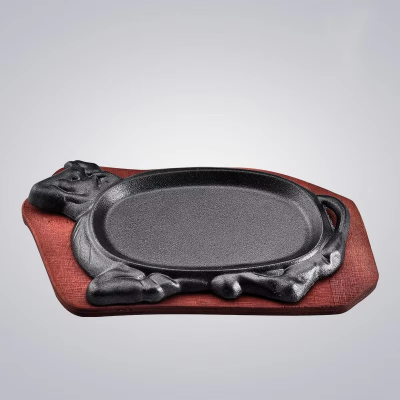 Best Selling Cookware Cast Iron Hot Sizzle Sizzling Sizzler Steak Plate With Wooden Base for Restaurant