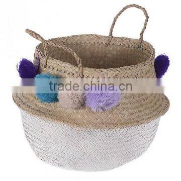 High quality best selling eco-friendly Natural & White seagrass storage basket with colored pompoms from Vietnam