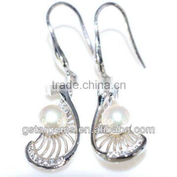 925 Sterling Silver Fresh Water Pearl Rhodium Plated CZ Earring