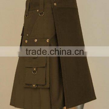 Brown Utility Modern Kilt With Two Side Zip Pockets Made Of Poly Cotton Cloth