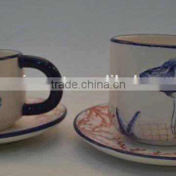 Marine series of embossed 3D ceramic coffee cup & saucer