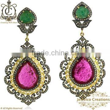 14K Gold Diamond Pave Gemstone Carved Jewelry, 925 Sterling Silver Gemstone Carving Earrings, Carving Jewelry Manufacturer