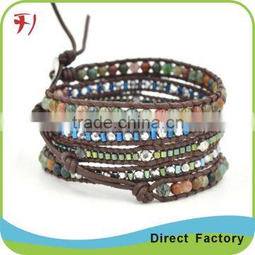 Blue Turquiose And Glow Glitterings 5 Wrap On Dark Blue Real Leather Bracelet photo-3