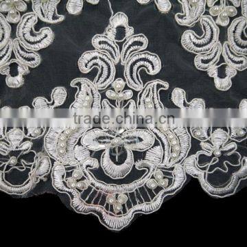 Custom Eco-friendly Cord Beaded White Bridal Embroidered Tulle Lace Fabric PJ025 photo-3