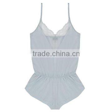 Wholesale Sexy Summer Short Bamboo Jersey Knit Lace Trimed Neckline Onesie Jumpsuit