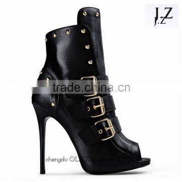 OB54 low price high quality wholesale steel buckle black boots leather boots for women