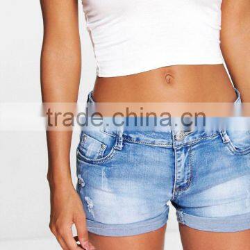 Wholesale Custom Women Apparel Denim Shorts Wash Denim Hotpants