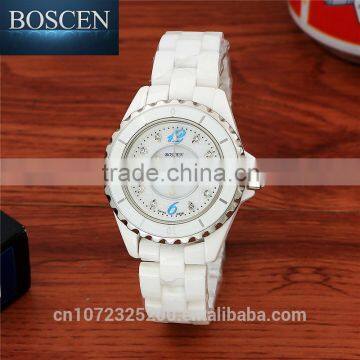 2016 BOSCEN Ladies Fashion White Ceramic Crystal Diamond Watches 3atm Water Resistant