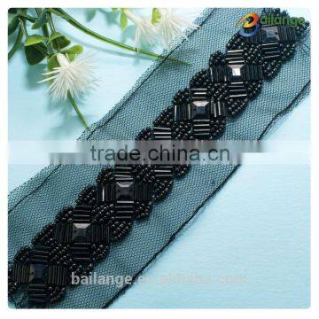 Top sale fancy palstic black pearl beaded lace trimming wholesale