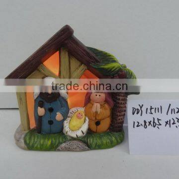 Antique Ceramic Nativity House Scene Figurines Set With Led Lights photo-6