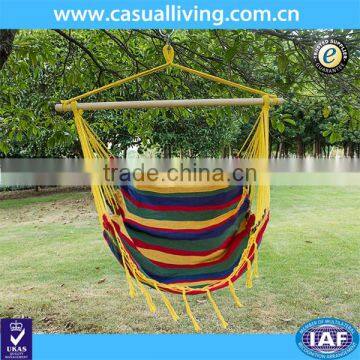 Outdoor Canvas Hanging Hammock Swing Chair Seat with Wood Spreader Bar and Fringe (Tropical Stripe)