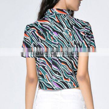 Custom OEM Service Women All Over Printed Swallow Tail Short Sleeve Lady Blouse & Top With Stand Collar photo-5