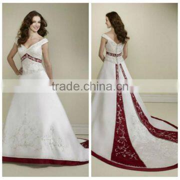 satin deep v neck long train red white wedding dress