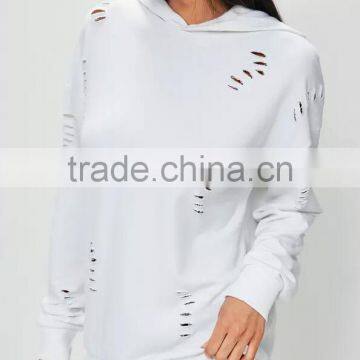 White Distressed Oversized Hoodie Cut Hole Custom 100% Cotton Frech Terry Drop Shoulder Ripped With Hooded photo-4