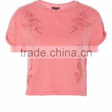 MGOO High Quality 100% Cotton Cuffed Short Sleeves Tank Top Womens Custom Floral Embroidered Crop Top photo-2