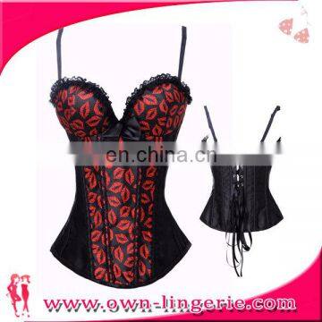 in stock printed red Lips waist corset black lace bustier corset for woman