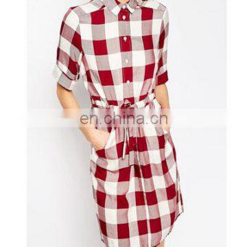 Woman causal cotton check dress with belt tie