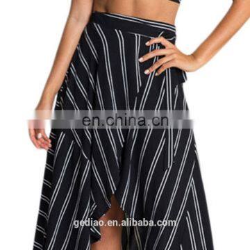 European American casual elegant asymmetric stripe print high waist with bandage ruffle long lower hem cocktail skirt for women