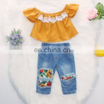 plain color off shoulder top with denim pants 2pcs lovely Baby Girl suit