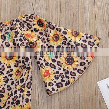 2Pcs Infant Baby Girl Fashion Outfits Toddler Lace-up Flare Sleeve Boat Neck Sunflower Pullover Solid Color Flared Trousers photo-7