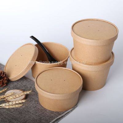 Eco friendly big paper soup bowl kraft paper storage containers with lid salad food packaging custom printed