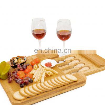 Popular bamboo cheese board with cutlery set chopping block with slide-out drawer