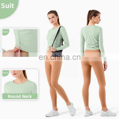 Women Fitness Long Sleeve Shirts Sport Wear Fitness Yoga Wear Long Sleeve Crop Top With Waist Fold photo-4