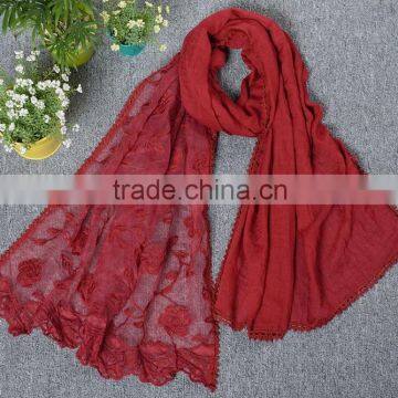2016 Autumn Winter Large Long Plain Cotton Linen Lace Flower Scarf Quality Choice photo-2