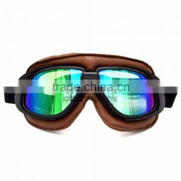 BJ-GT-008 Fold Design Brown Leather Colorful Lens Motorcycle Goggles Roll Off photo-2