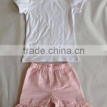 Wholesale Children Seersucker Clothing sets 2015 Fashion gilrs Clothing sets with White Flutter Strap Seersucker