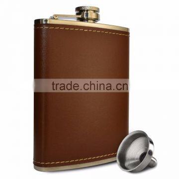 Premium 8 oz Leather Wrap Outdoor Adventure Flask 304 Stainless Steel Liquor Hip Flask