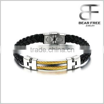 Wholesale Weaved Bracelet of Genuine Pu Leather for Men Gold Stainless Steel Wrap Bangle