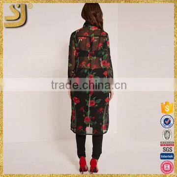 SHANGYI Fashion Black Rose Print Chiffon Longline Women Blouse photo-2