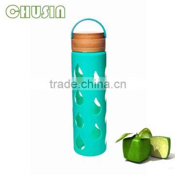 unique design transparent glass water bottle with high quality rubber silicone cover