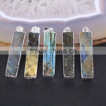 Rectangle Bar Labradorite Pendant, Silver Plated Gem stone Pendant, Rainbow Stone Jewelry