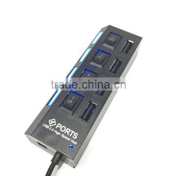 Blue LED Light ON/OFF Switch High Speed Mini 4 Ports USB 2.0 Hub Adapter