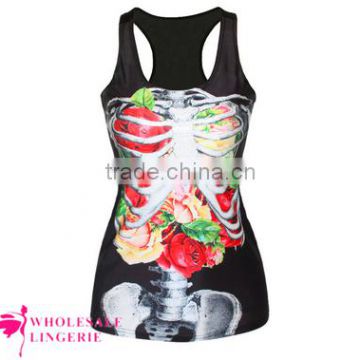 Wholesale Black Cool Womens 3D Flower Skeleton Printed Tank Top BX147