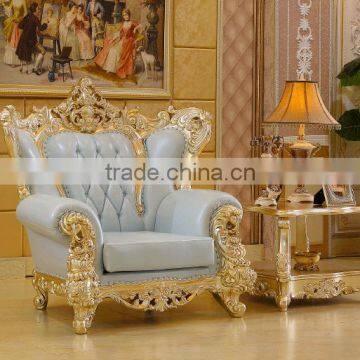 Luxury Living Furniture Wood Carving Goldfoil Light Blue Genuine Leather Sofa Set photo-2