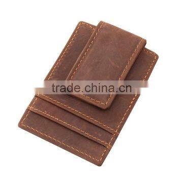 Crazy Horse Leather OEM branded Money Clip Front Slim Minimalist Mens RFID Blocking leather money clip