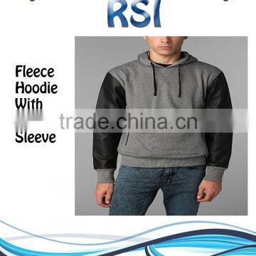 MEN FLEECE HOODIES WITH FRONT POCKET LEATHER SLEEVE