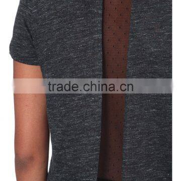 Wholesale Women Round Neck Short Sleeves Polka Dot Sheer Panel Linen T-shirt(DQE0153T) photo-5